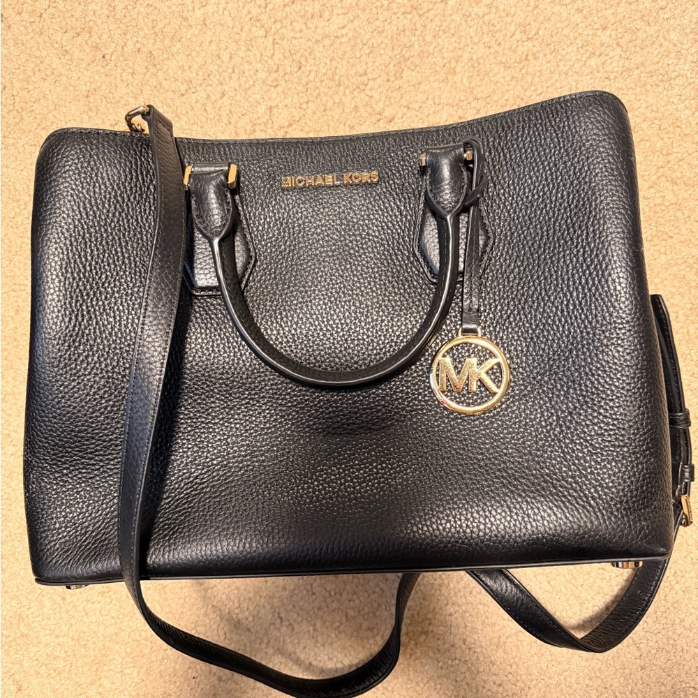 Michael Kors Black Pebbled Leather Satchel with Gold Hardware